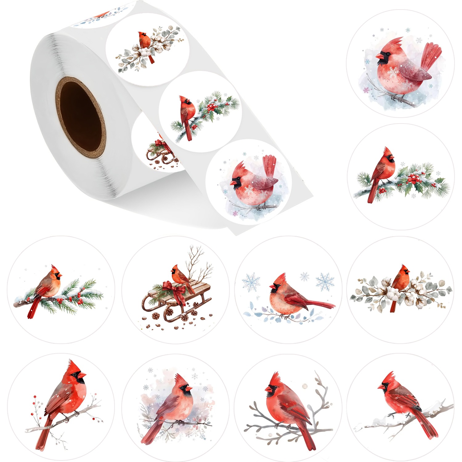 TEMU Winter Christmas Bird Stickers Roll, Watercolor Snowy Red Bird Circle Sealing Stickers, Christmas Holly Snow Branch Decorative Self Adhesive