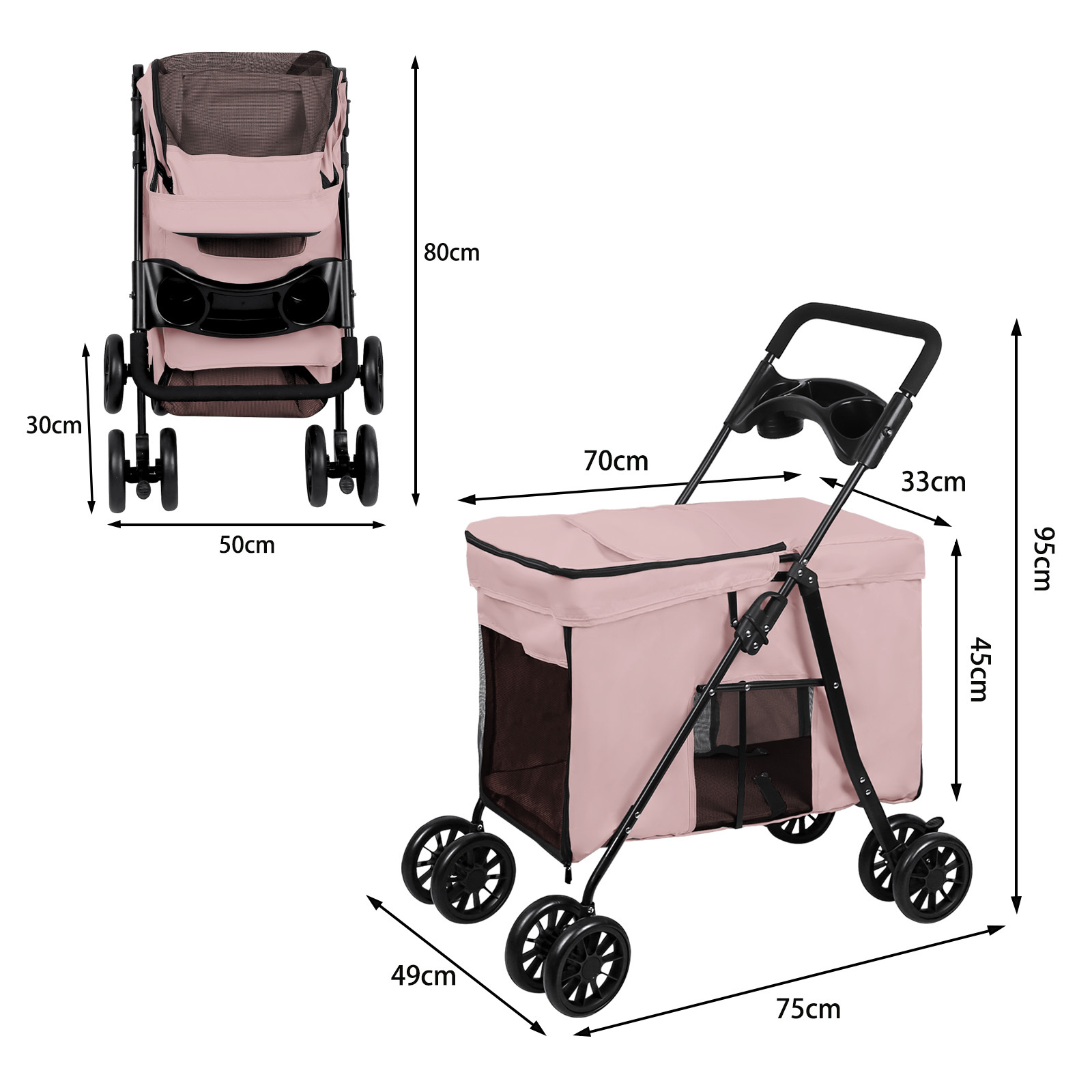 TEMU Breathable Spacious Pet Stroller | Portable Folding Pet Walker, Gray, 75 X 49 X 95 Cm, Polyester And Alloy Steel, Suitable For Cats And Dogs