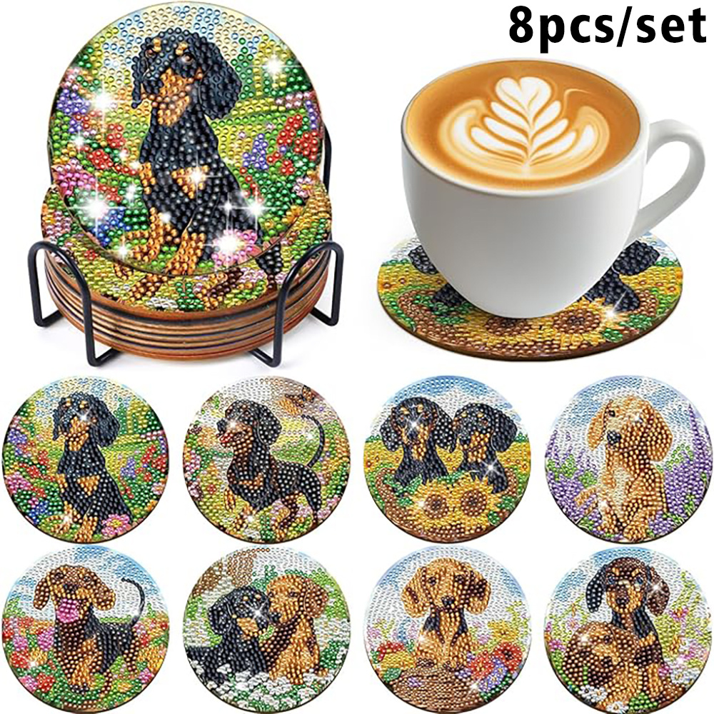 Image of [8-pack Diamond Painting Coasters Set] Dachshund Sticker Coasters W/iron Stand, Heat-resistant Coffee Mug Pads, -themed Home Decor And Table Additions