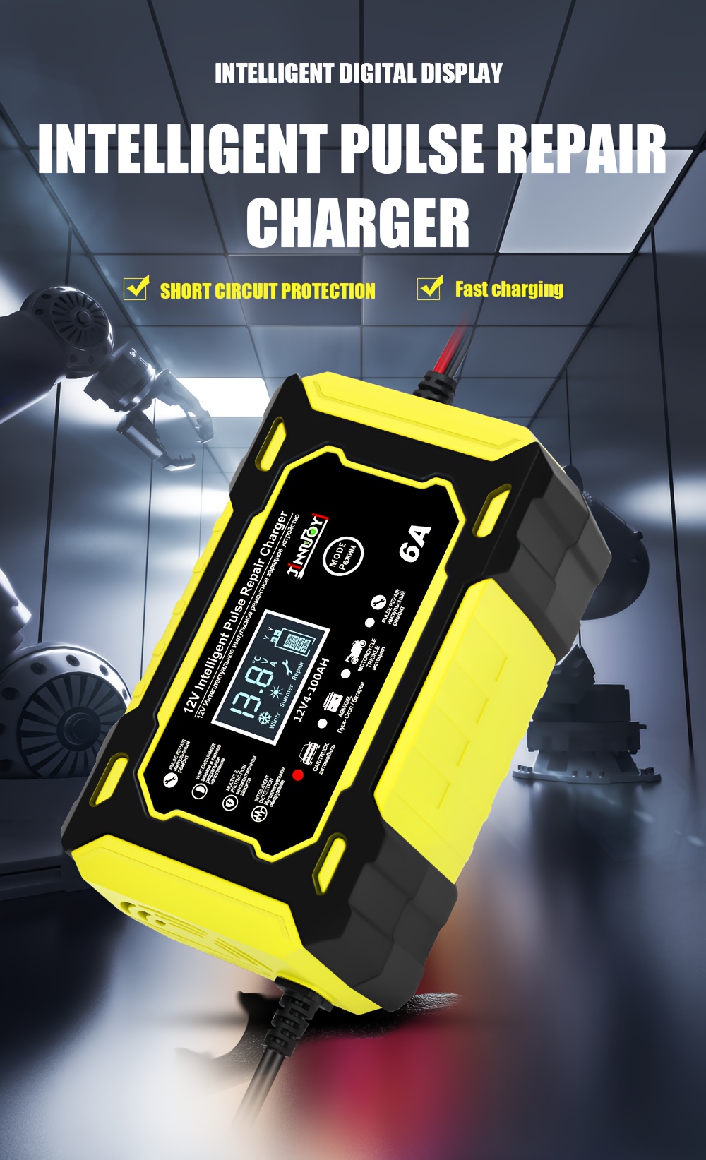 12v 6a паметен полнач за поправка со   и lcd дисплеј | погоден за  , камиони, мотоцикли, косилки за трева и чамци - продолжен век на батеријата, заштита од прегревање, детекција на поларитет, автоматски режим, ce/, без батерија Детали за производот 0