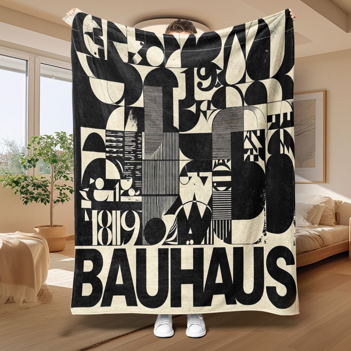 item picture 1pc bauhaus geometric art theme flannel blanket   black and white retro abstract geometric   pattern printed with bauhaus art font modern minimalist artistic style soft and   suitable for sofa bedroom camping