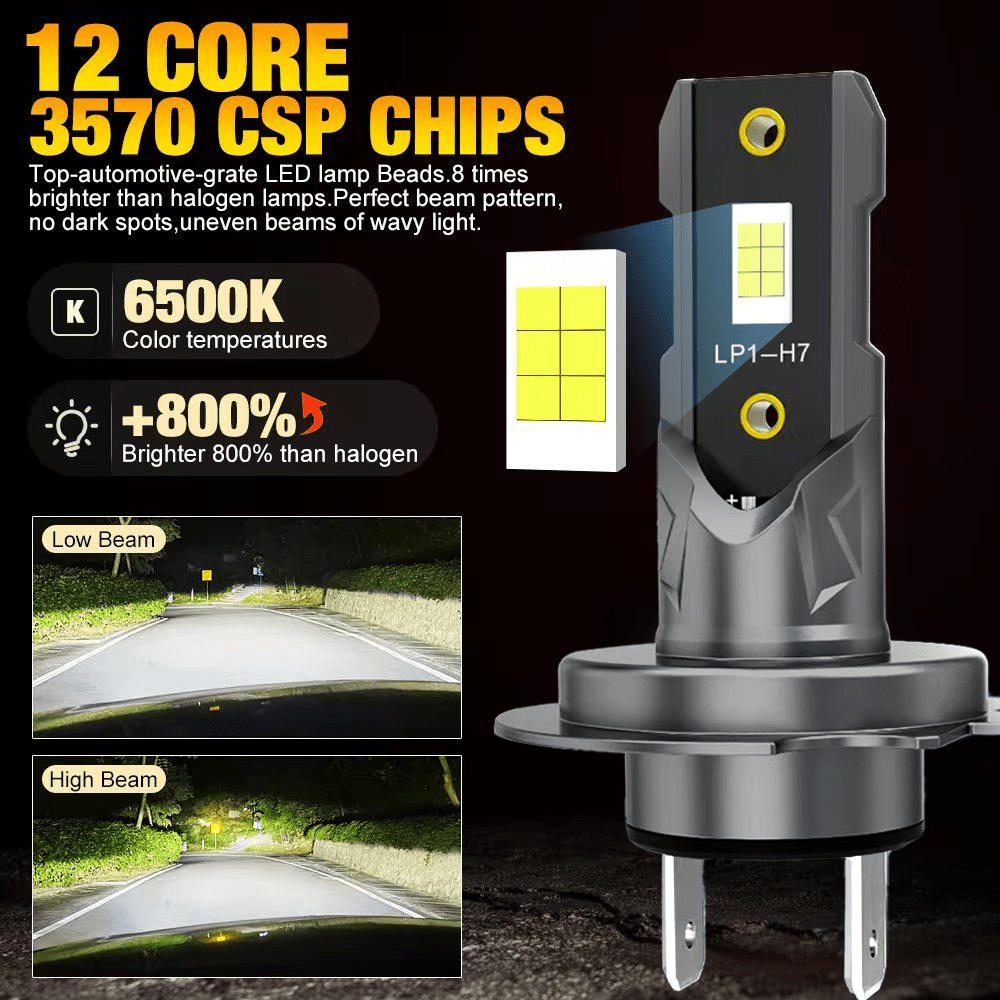 2 бр. H7 120W LED крушка за фарове | 22000LM Турбо светлина 6500K 12V, CSP 3570, алуминий, универсално приложима за моторни превозни средства, без батерия