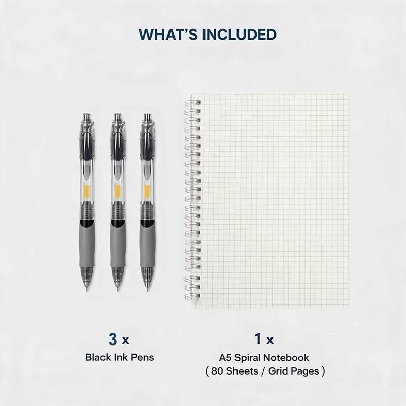 TEMU 4pcs Notebook & Pen Set, Includes 1 A5 Grid Spiral Notebook + 3 Retractable Gel Pens, 160 Pages Premium Thick Paper Journal For Note Taking,