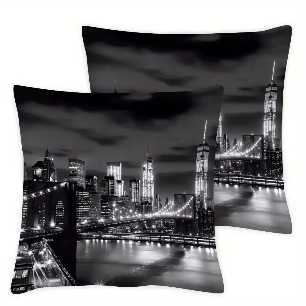 2pcs Chic Black White City Throw Pillow Covers, 17.72*17.72 Inch, Durable Polyester Zippered Machine Washable, Ideal For Patio Sofa Tent Home Decor Decorative Pillows Best For Christmas