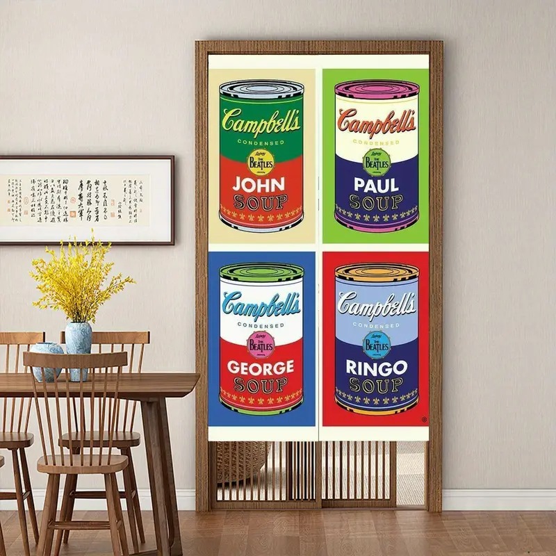 TEMU 1pc Extra Long Japanese-inspired Retro 80s Music Curry Soup & Canned Door Curtain - Vintage , Red, Blue, Yellow, Purple, Brown - Fabric Privacy
