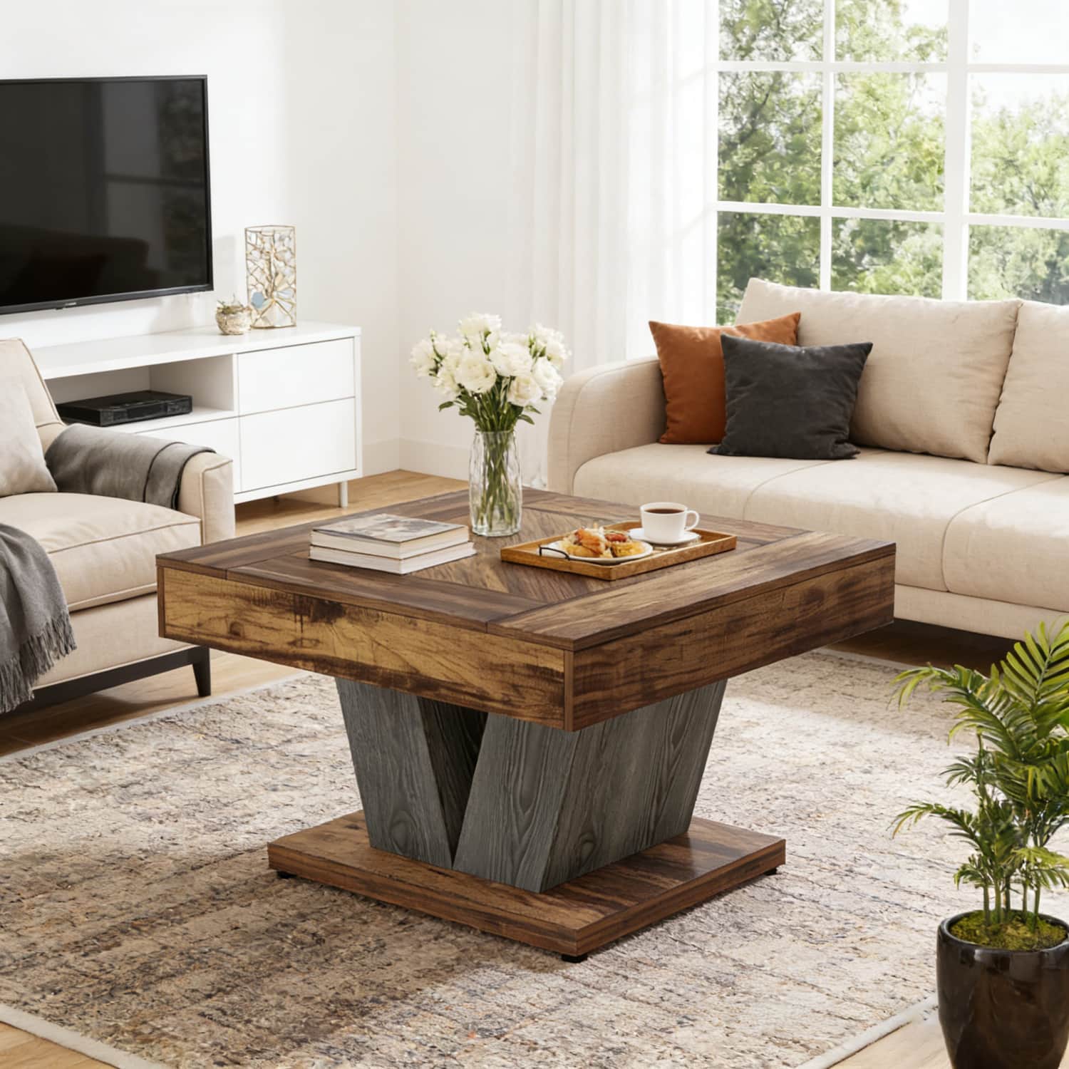 Image of 80cm Square Wooden Coffee Table, Modern Accent Tea Table, Living Room Furniture, Rustic Brown And Black