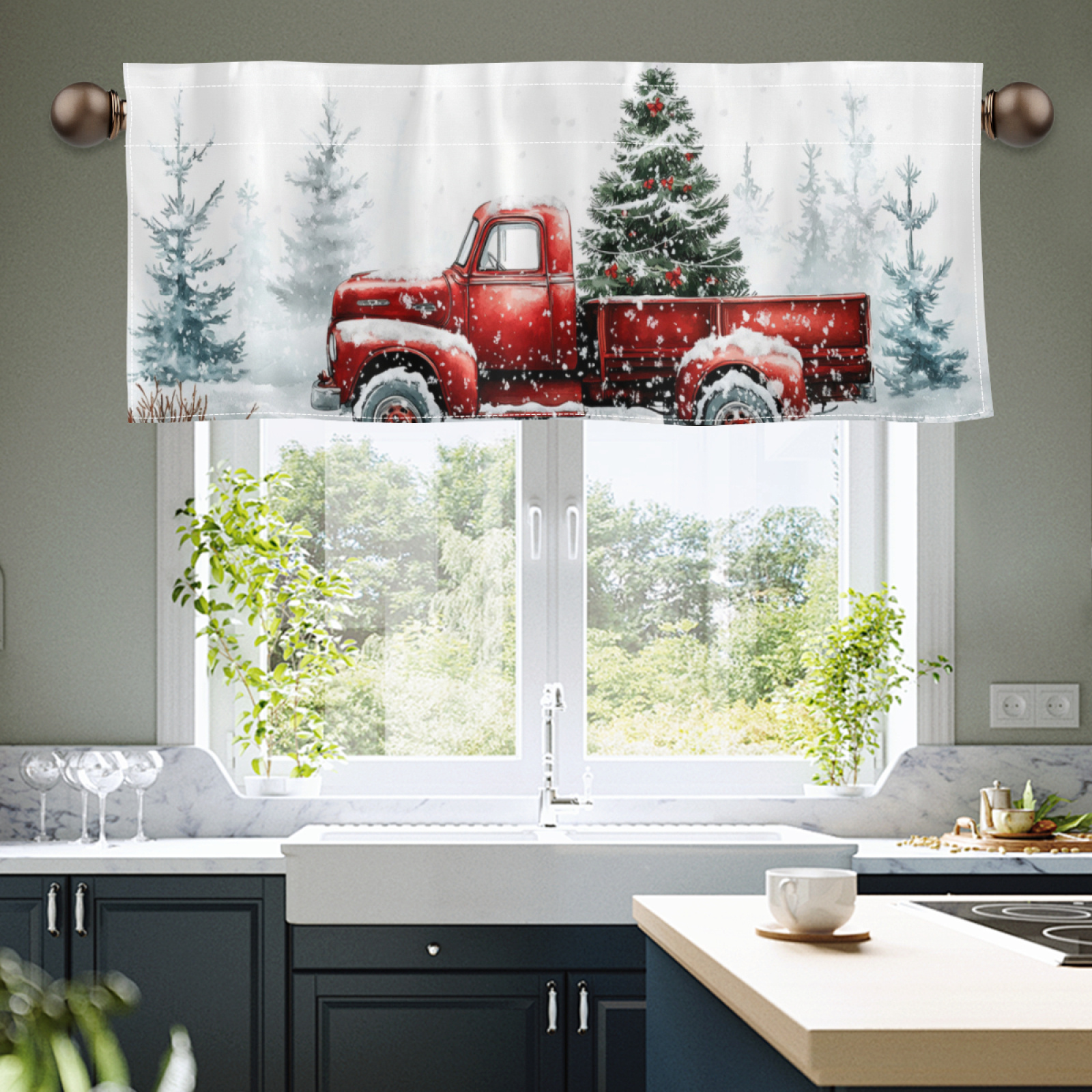 

1pc Christmas And Printed Polyester Valance - , -, Rod Hanging, , For Decor