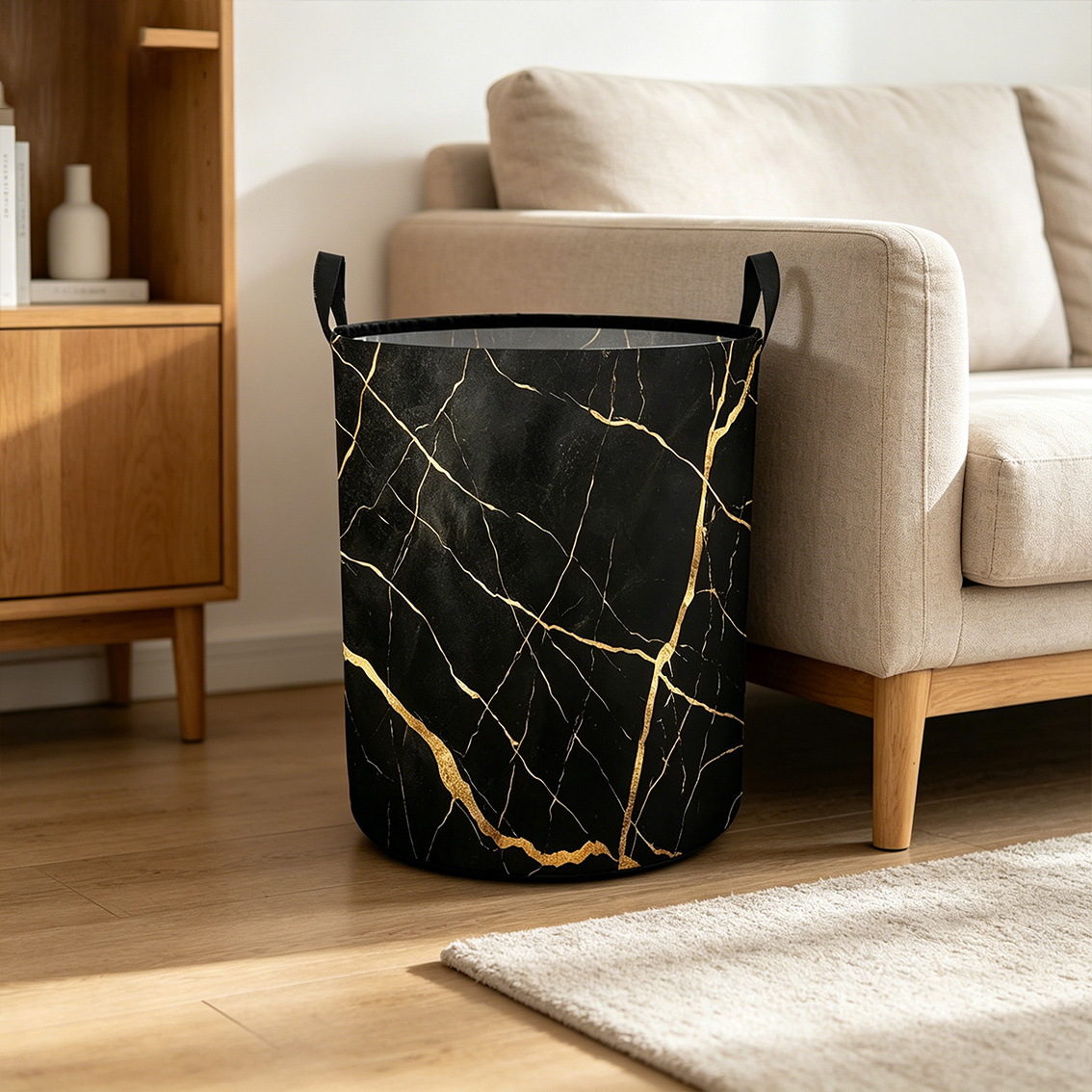 TEMU Panier à linge sale pliable et circulaire, 1 pièce, motif marbre noir et doré, style luxe léger, moderne, thème haut de gamme, grande , tissu