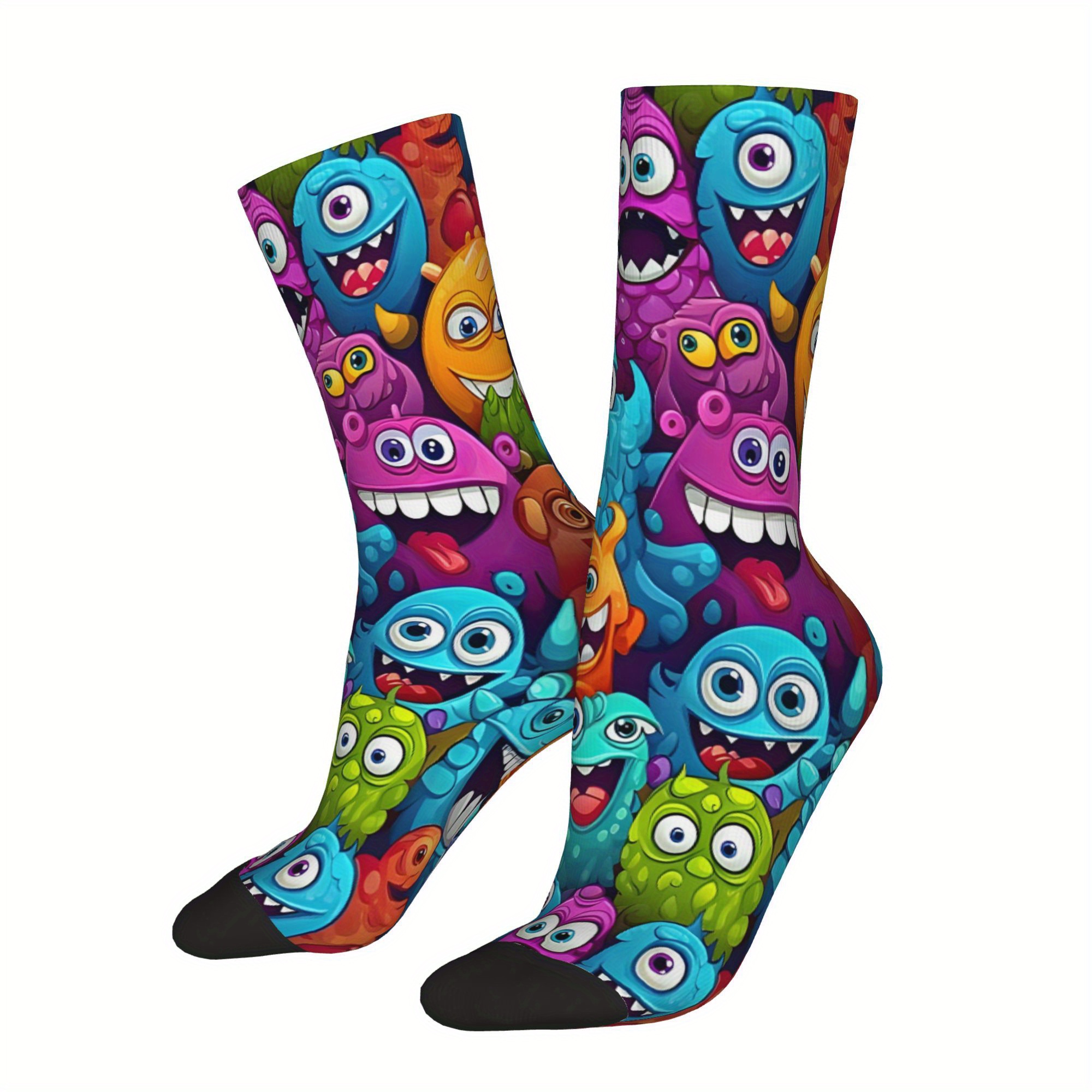 TEMU 1 Pair Funky Monster-themed Compression Socks For Men And Women - Colorful, Fun Novelty Crew Socks With Seamless Design, Polyester And Elastane