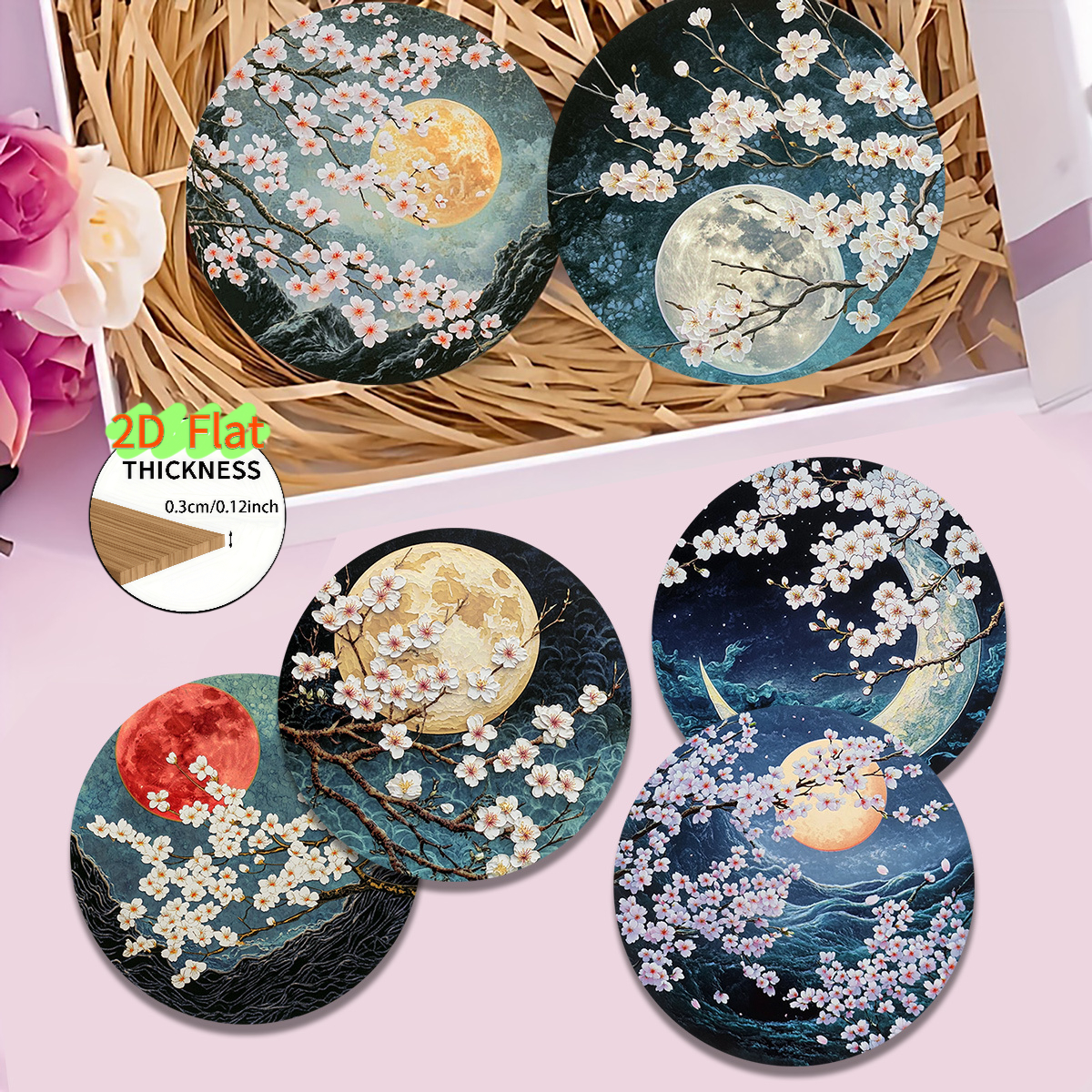 TEMU 6pcs Set Of 2d Flat Japanese-style Moon And Floral Pattern Wooden Coasters, Suitable For Home Decor, Cafes, Afternoon Tea, Restaurant Settings,