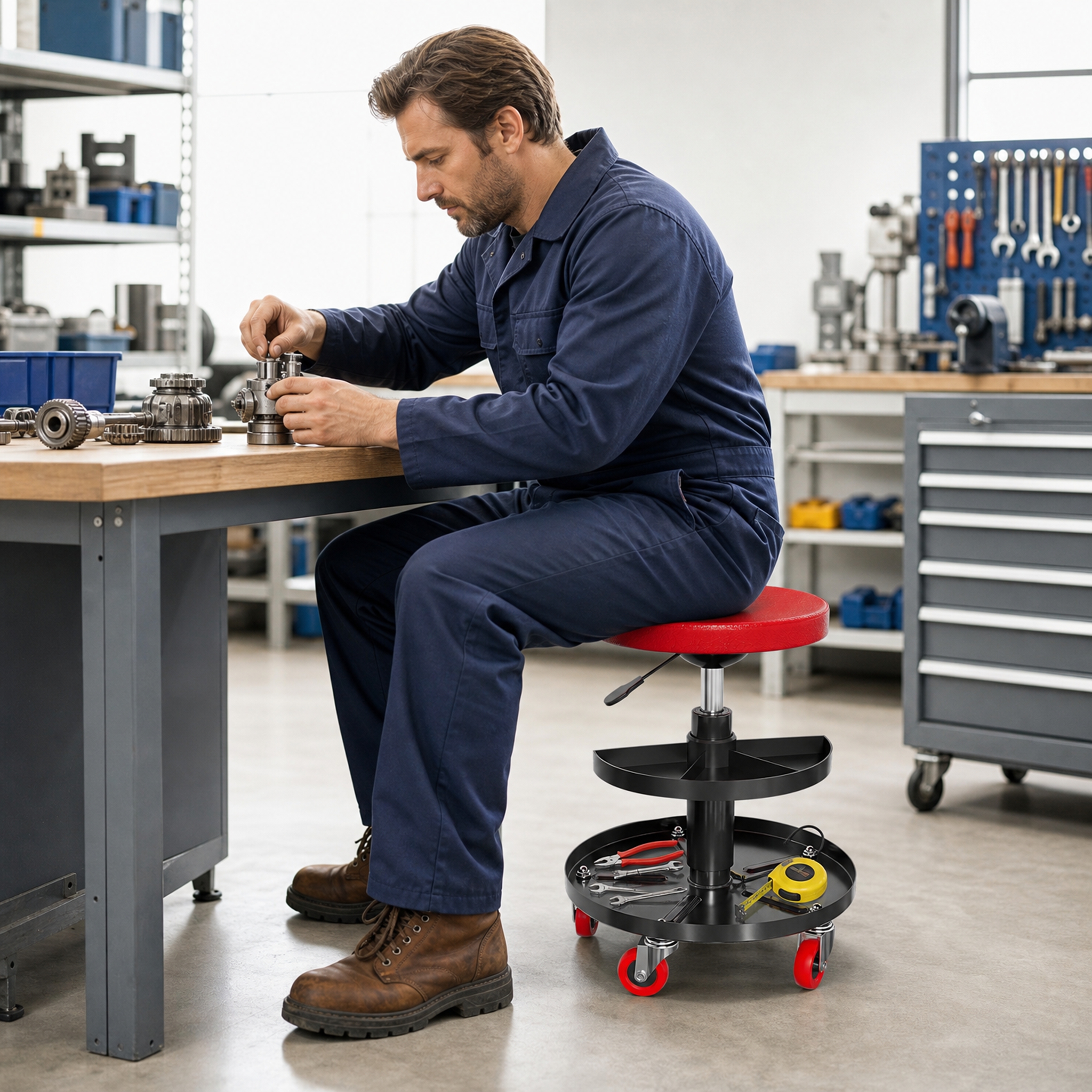 Image of Mobile Rolling Stool For Workshop&garage, Height-adjustable Round Seat With Built-in Tool Tray For Car Repair