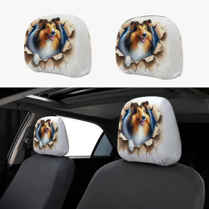 TEMU 2pcs 2d Flat Car Headrest Covers, Torn Paper Peeking Happy Shepherd Dog Print Seat Cover Accessories, Car Seat Protectors, Suitable For