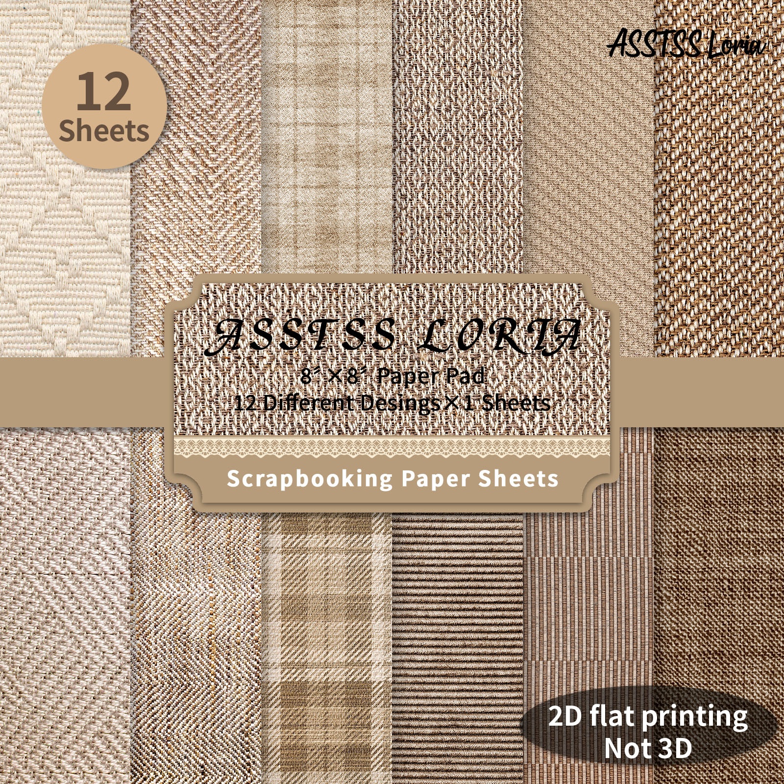 TEMU 12-sheet Asstss Loria Heavyweight Scrapbooking Paper Pad Suitable For Journaling, Collage Art & Crafts - 8"x8" Brown- Woven Texture Cardstock