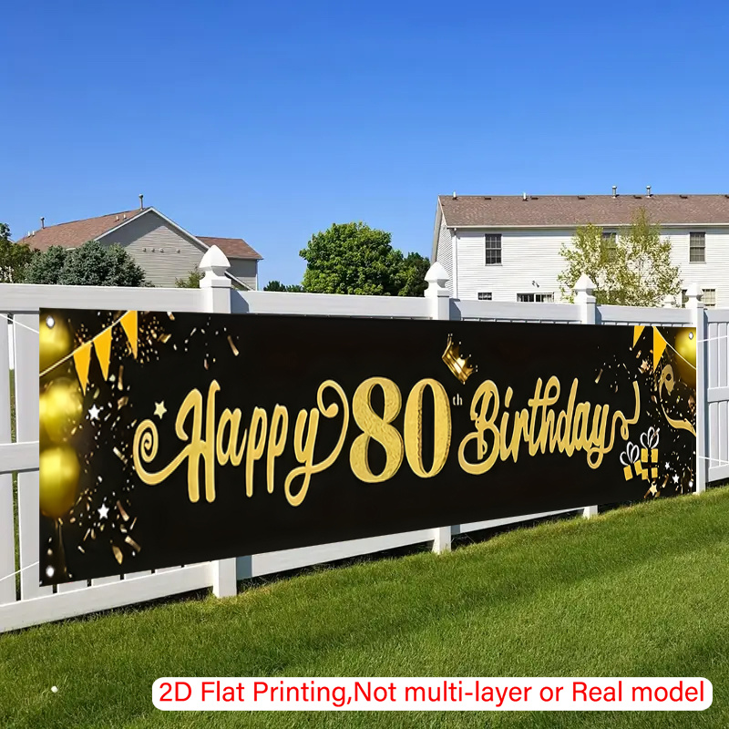TEMU 2d Flat, 2d Flat - 2d Flat, 2d Flat - 2d Flat Printing Banner, 1pc - Of Banners, Black And Golden Balloons A Happy 80th Birthday, Suitable For