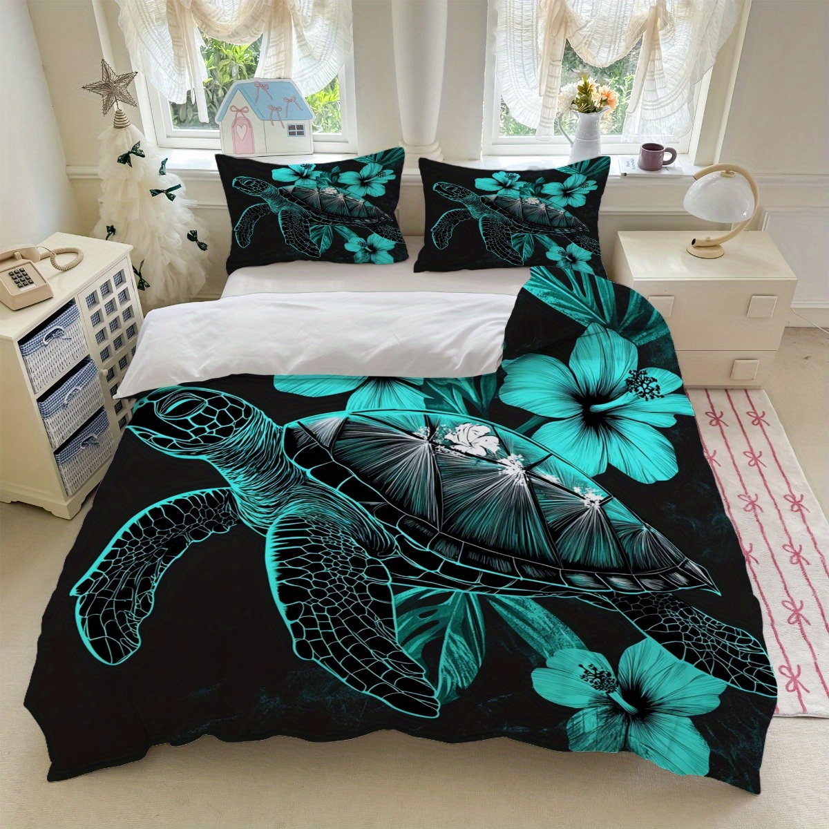 TEMU Ensemble de Literie 3 pièces Noir et avec Motif Tortue Florale (1 Housse de Couette + 2 Taies d'Oreiller, Garniture) - Adapté à Toutes , Parfait