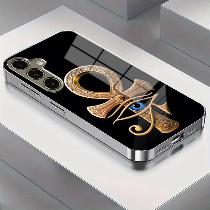 TEMU Phone Case - Golden Ankh Eye Ornament Pattern New Electroplated Glass Suitable For S25, S24, S23, S22, S21, S20, Note20, Note10, A55, A54, A53,