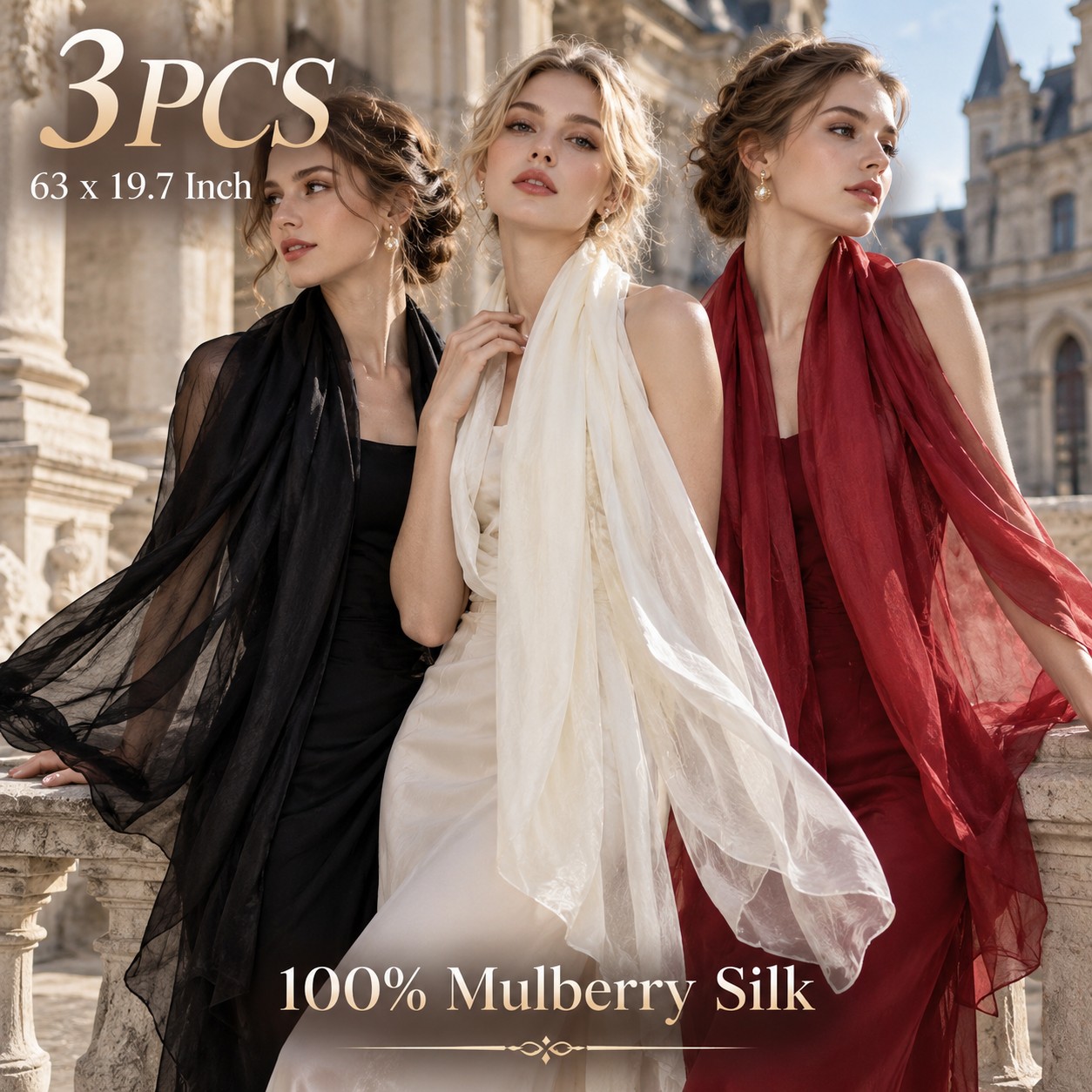 TEMU 3pcs 100% Silk Long Scarf Set For Women, 63 X 19.7 Inch Sheer Solid Color Neck Scarf Shawl, Burgundy Red Black