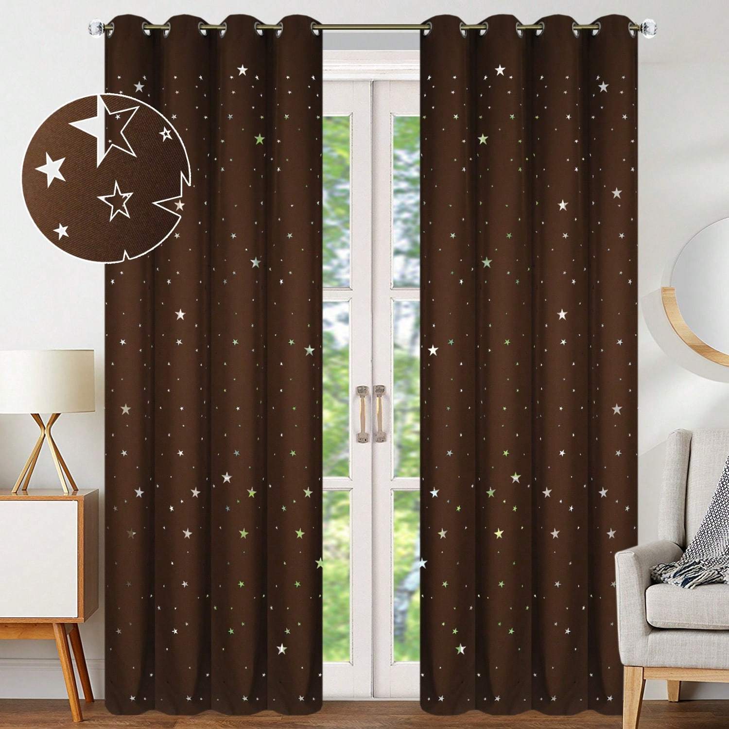 Modern Simple Blackout Curtains, Perforated Design, Soft Fabric, Star Pattern Embellishment, Suitable For , A Must-have For Christmas And Birthday Gifts, 1pc, 145*250cm