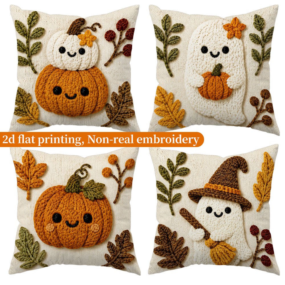 TEMU 2D Flat - 4er-Set, 2D-Flachdruck, Kissenbezüge, Halloween-Kissenbezüge, Kürbisse, Geister, Hexen, Herbstblätter, Früchte. Nicht-Real-Stickerei,