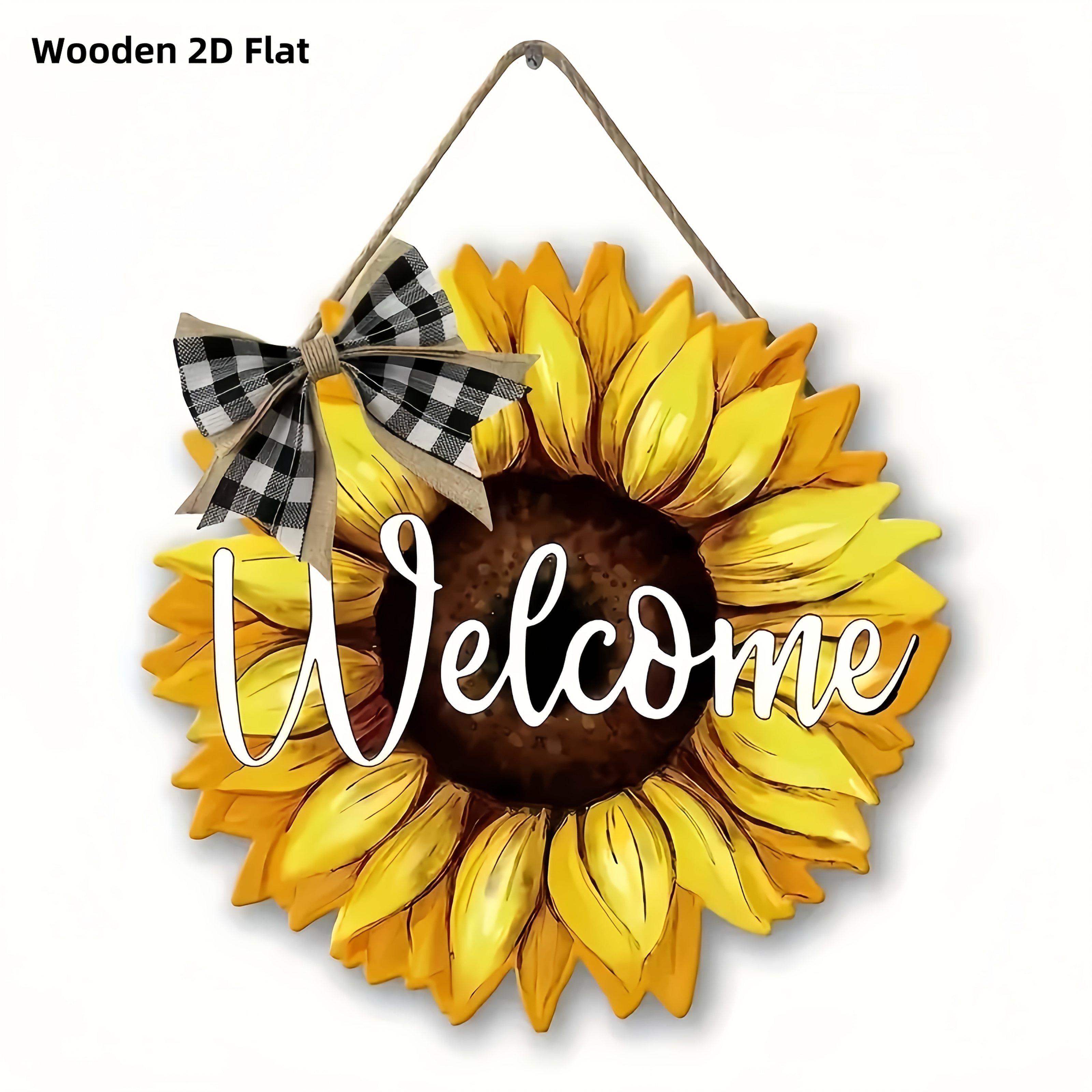 TEMU 2d Flat, 1pc Wooden Print, 1pc Sunflower Welcome Door Wreath Wall Hanging, Rustic Farmhouse Style Wooden Wreath, With Black Checkered Bow,