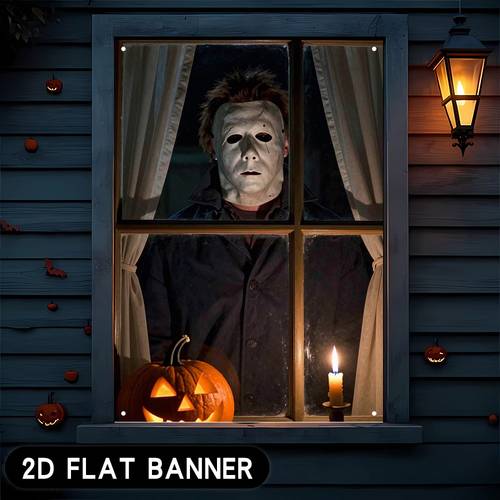 2d flat 2d flat 2d flat 2d flat 2d flat banner horror theme halloween party window banner white mask character outside window pattern with pumpkin candlelight decoration 31x47 inches polyester material no power needed