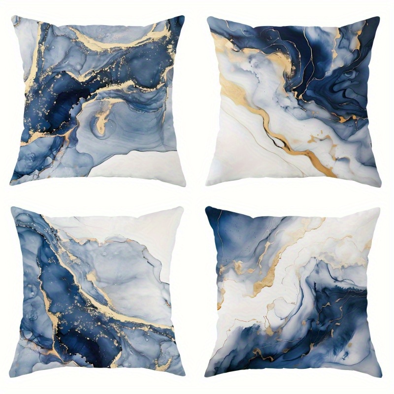 

4pcs Set Navy Design Linen Throw Pillow Covers - Soft, Comfortable & Stylish For Room, Bedroom, And Hallway Decor - Zip Closure, Machine Washable