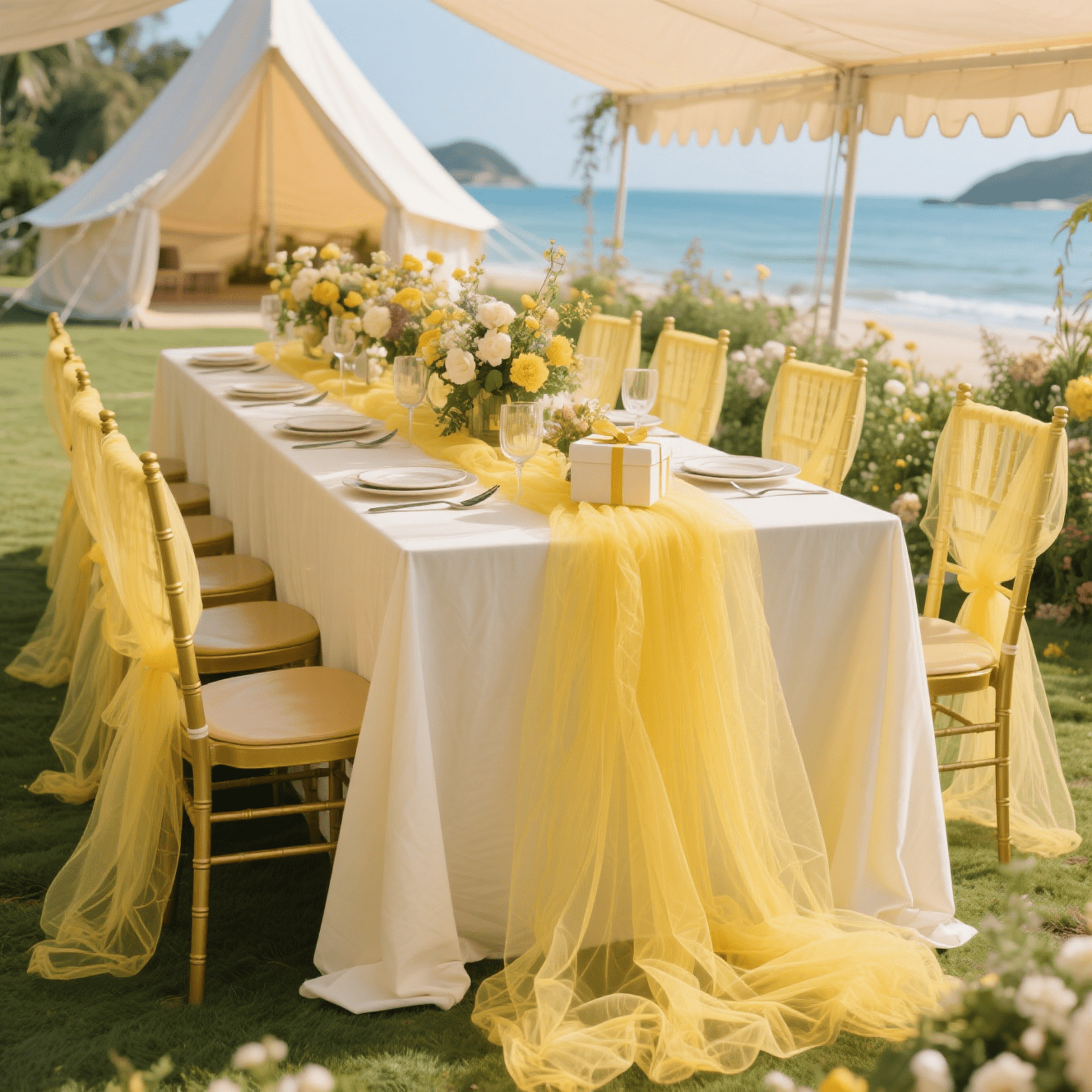 TEMU Single-piece Yellow Mesh Table Runner, A Banquet Tabletop Decoration Aisle Runner, Made Of High-quality Polyester Material. Suitable For Scene