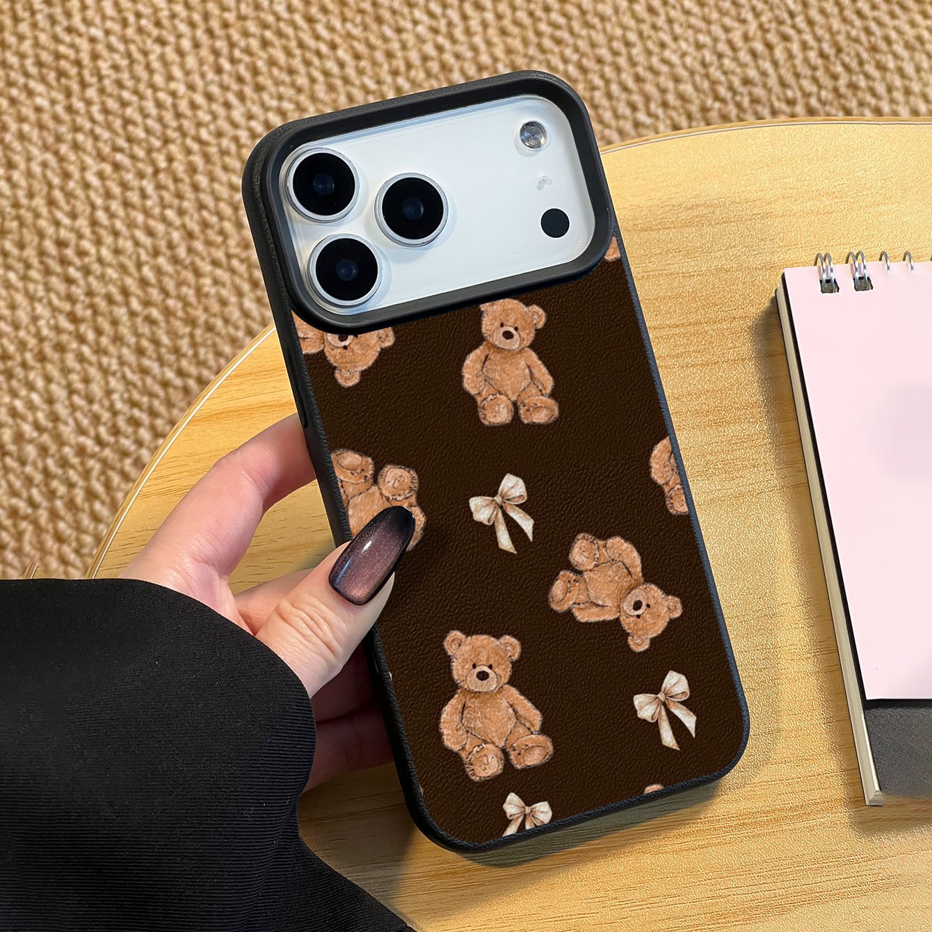 TEMU Phone Case - 1pc Retro Teddy Bear Bow Pattern Tpu Lychee Texture Phone Case For Iphone 17/17pro/17promax/17air/ For Iphone