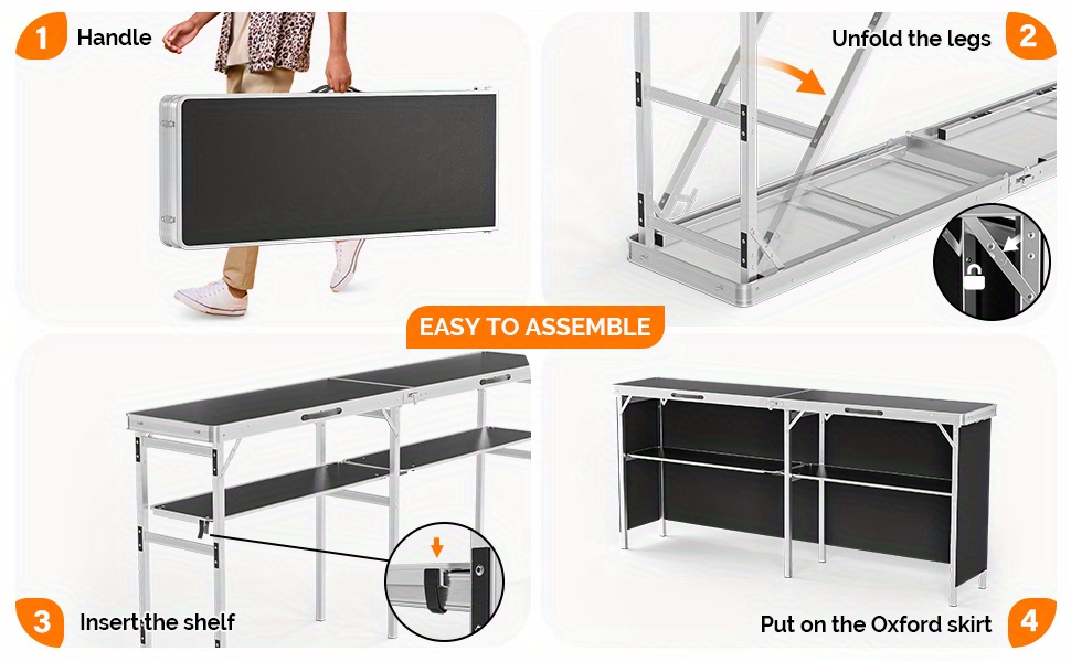 Bonnlo 78 Inch Mobile Bar Table with 2 Tier Shelves Portable Bar Table with Black Skirt for Outdoor Events Party Camping Picnic Mobile Bartending Station Black/ White/ Natural Garden Patio Dining Tables