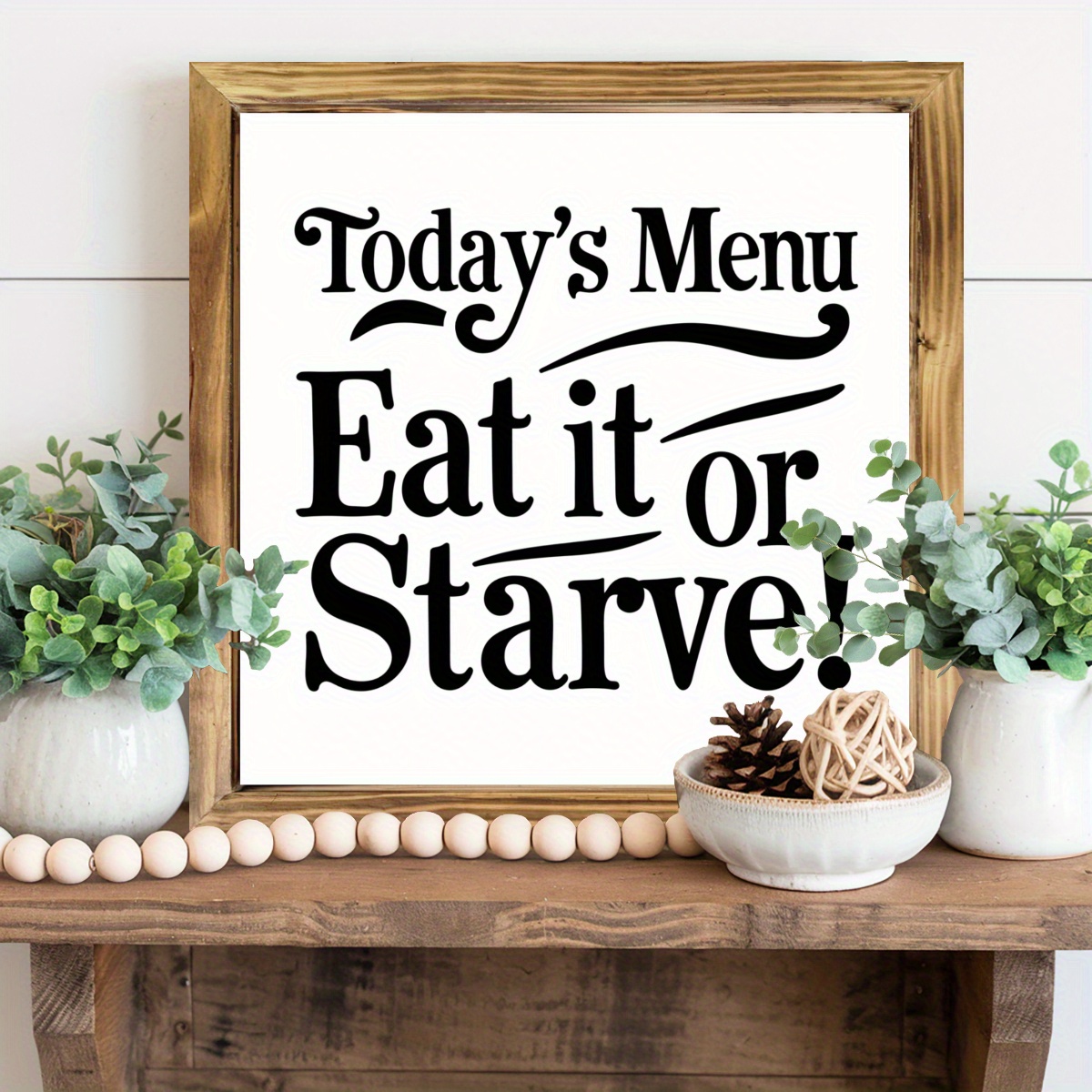 1pc, Today'S Menu Eat It or Starve Wood Framed Wall Sign, Rustic Wooden Decor for Entryway, Living Room, Kitchen, Bedroom, and Desktop Display, Ideal for Home Decoration Housewarming Gifts 8x8 Inch