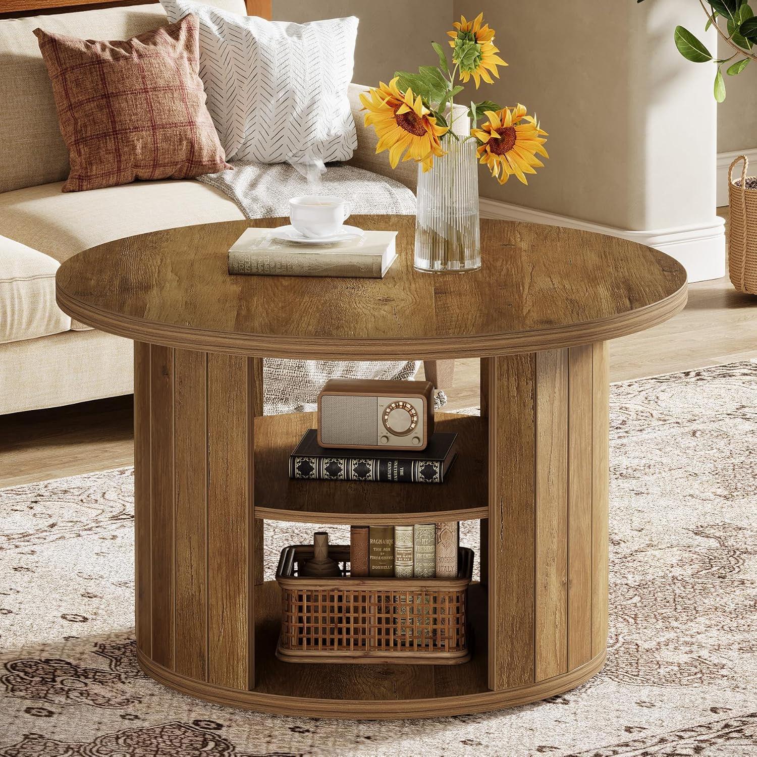 Round Coffee Table With Storage | " Center Table For Living Room, Rustic Brown, Wood, Weather Resistant, Fnova Brand