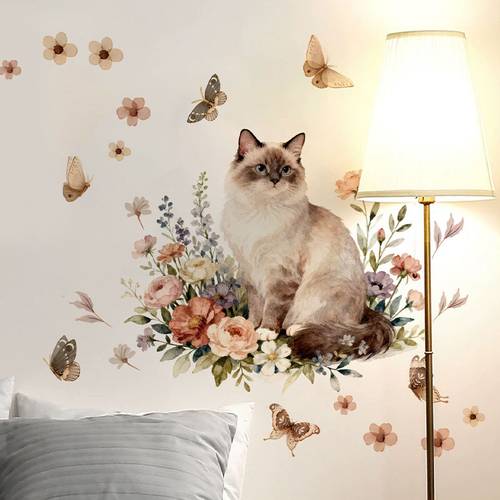 puppenspiel katze blumenbeet schmetterling wandtattoo, dekorativ für wohnzimmer, esszimmer, badezimmer, schlafzimmer, abziehbarer pvc wandsticker