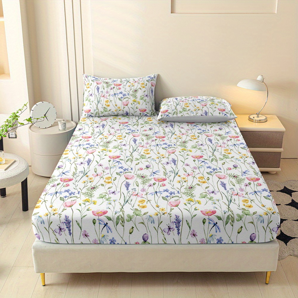 TEMU 3pcs Plants And Flowers Printed Fitted Sheet Set, Queen Mattress Cover, Twin Mattress Protector, King Bedding, Polyester Machine Washable,