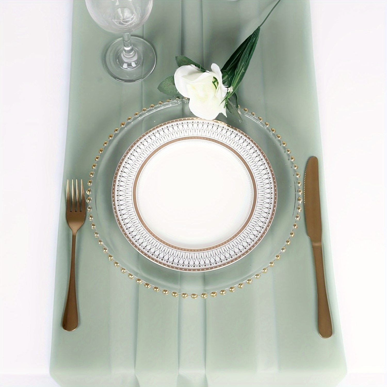 TEMU 1pc Rat Tail Green Beauty Voile Draped Runner, Bohemian Style Tablecloth, Green Sheer Chiffon Rectangular Long Lightweight Tablecloth, Suitable