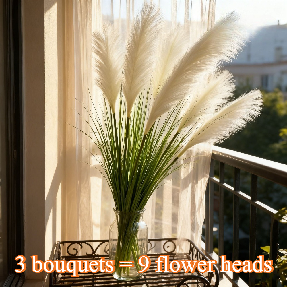 TEMU 3 Large White Pampas Reed Bouquets, 9 Flower Heads - Realistic Faux Ground Decoration With Green Leaves And Beige Feathers - Durable Plastic