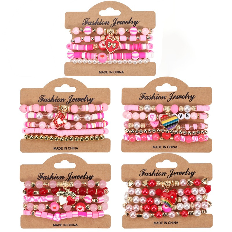 TEMU 25pcs Valentine's Day Polymer Clay Artificial Crystal Beaded Bracelets, Boho Chic Love Heart Charms Beaded Bracelet Set, Romantic Gift For , Jewelry For Couples