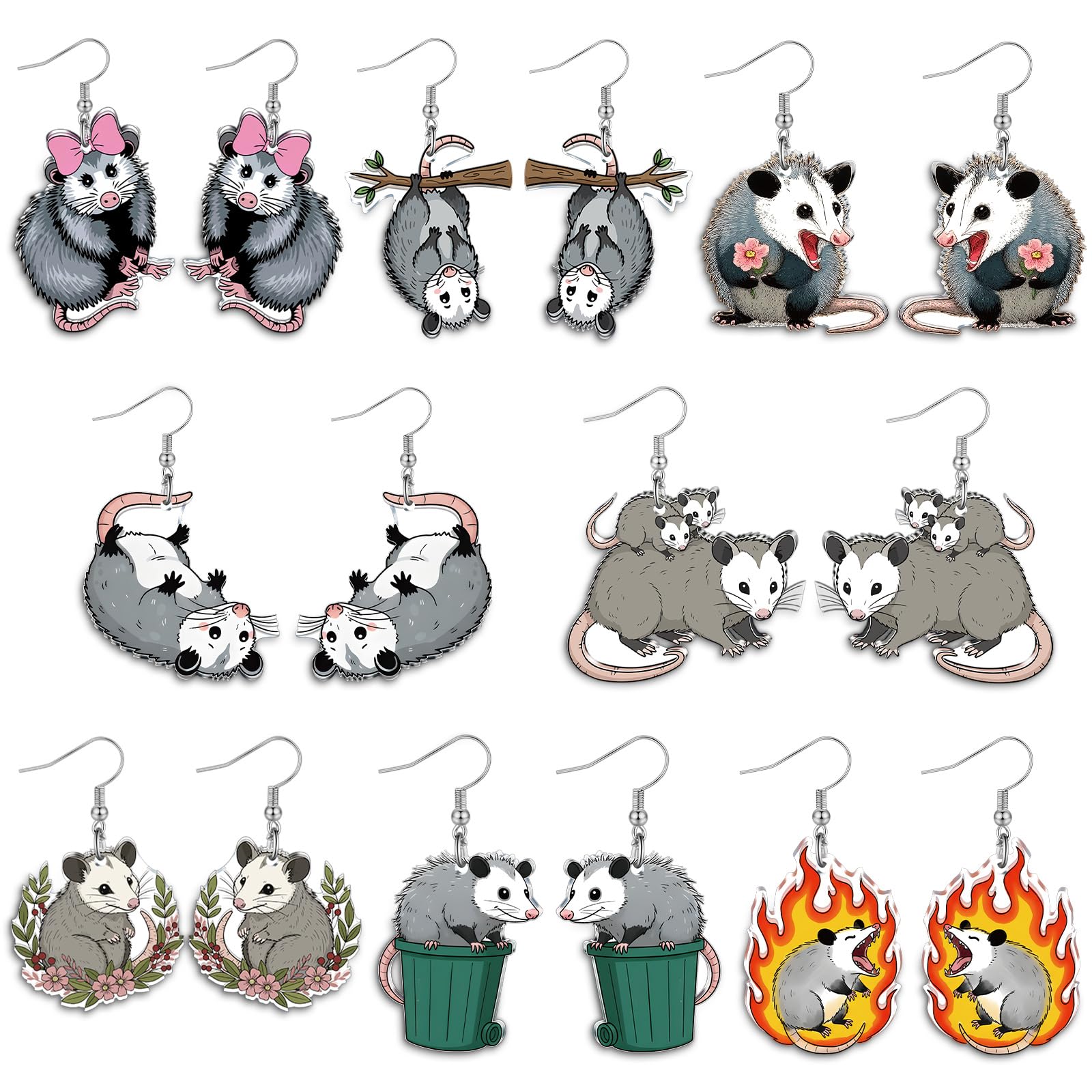 TEMU 2d Flat 8 Pairs Cute Possum Acrylic Pendant Earrings, Cartoon Possum Studs, Fun Wildlife Jewelry, Women's Gift
