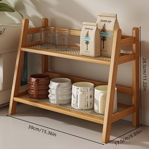 2 size double layer bamboo shelf modern cream style storage rack natural bamboo material tiered design multi purpose storage for kitchen bedroom office dorm glassware and coffee bags mugs office shelf