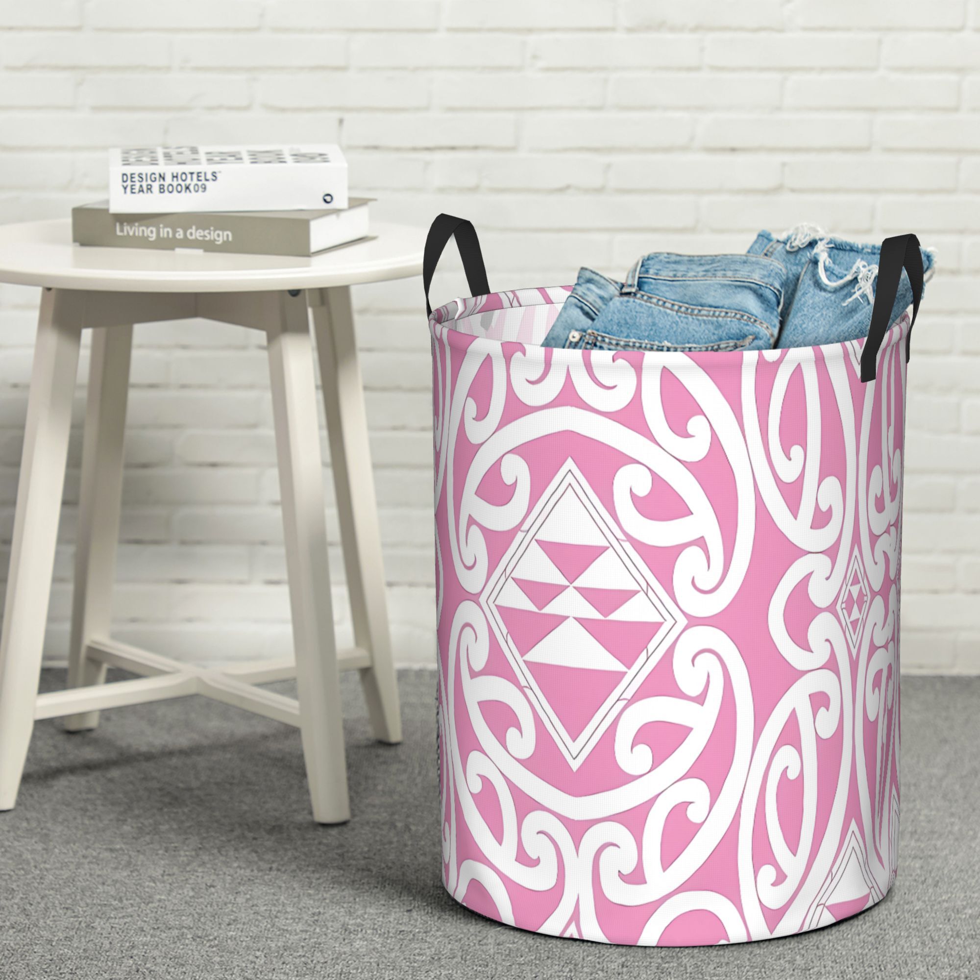 TEMU 1pc Pink Maori Pattern Theme, Large Round Laundry Hamper, Fabric Storage Basket With Easy Carry Handles, Durable Organizer For Laundry Room,