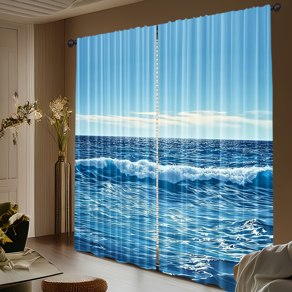 TEMU 2d Flat, 2pcs Room Curtains 2d Flat Printing Summer Beach Upscale Curtains - Design, Light-filtering Polyester, Rod Pocket For Easy Hanging,