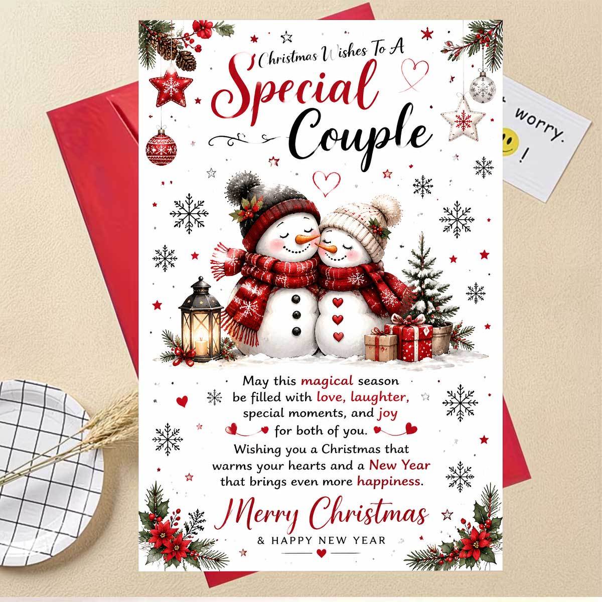 TEMU Warm And Romantic Snowman Christmas Card, Featuring 2 Adorable Snowmen Wearing Red Scarves And Snuggling , With A Vintage Lantern And Gift Box