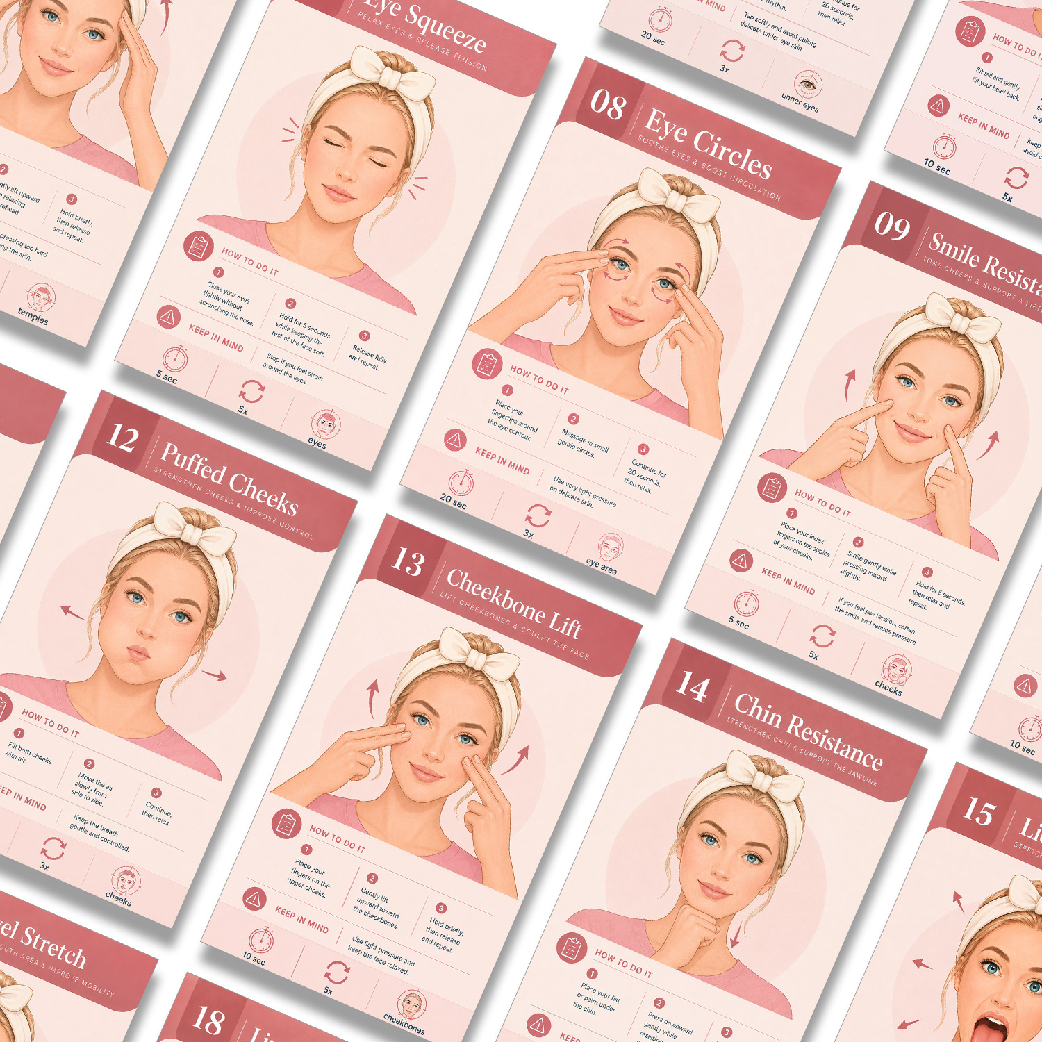 TEMU 20pcs Face Lifting Exercise Cards Suitable For Firming, Jawline & Cheek/eye Training - Flashcards For Women' Routine, Skincare Routine Gift, -