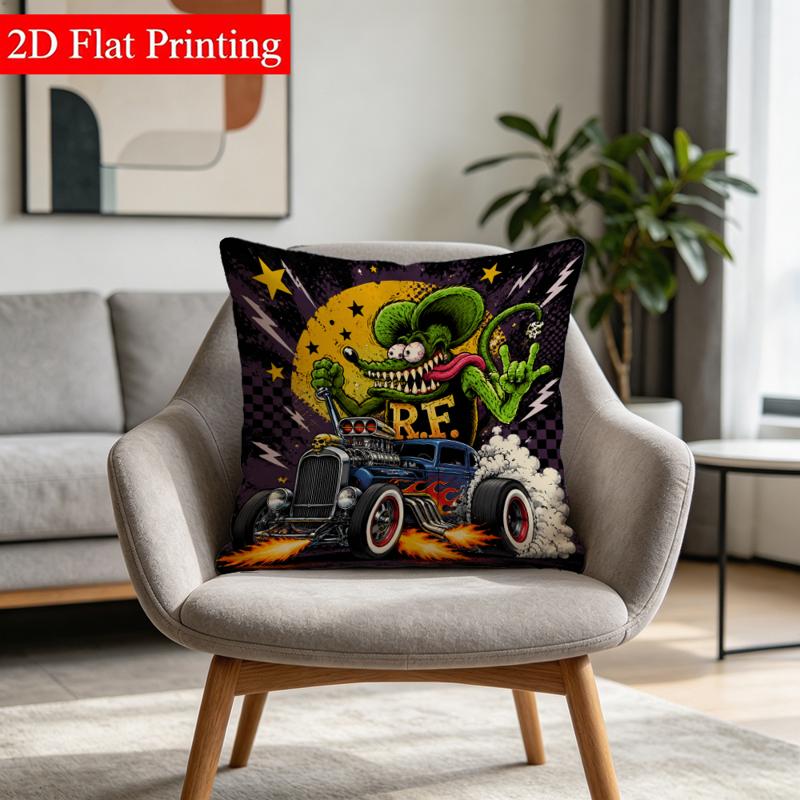 TEMU 1pc 2d Flat - Printed Double - Sided Throw Pillow Cover (no Embroidery/insert), Green Cartoon Rat & Rod Car Pattern, 2d Flat