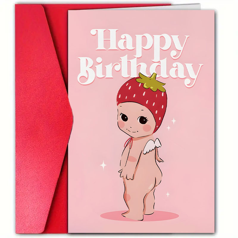 

1pc Wings Baby With Strawberry Hat Birthday Card, High-quality Paper, Universal Greeting For Family, , , 12cm X 18cm With Envelope