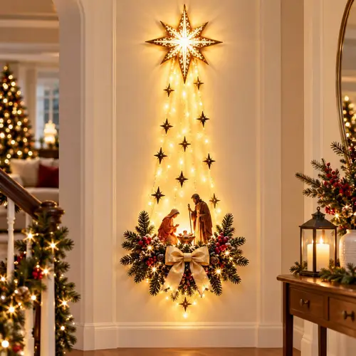 item picture lighted nativity wall decor with star holy family scene cascading star lights christian christmas hanging decoration for entryway or mantel 2 lighting