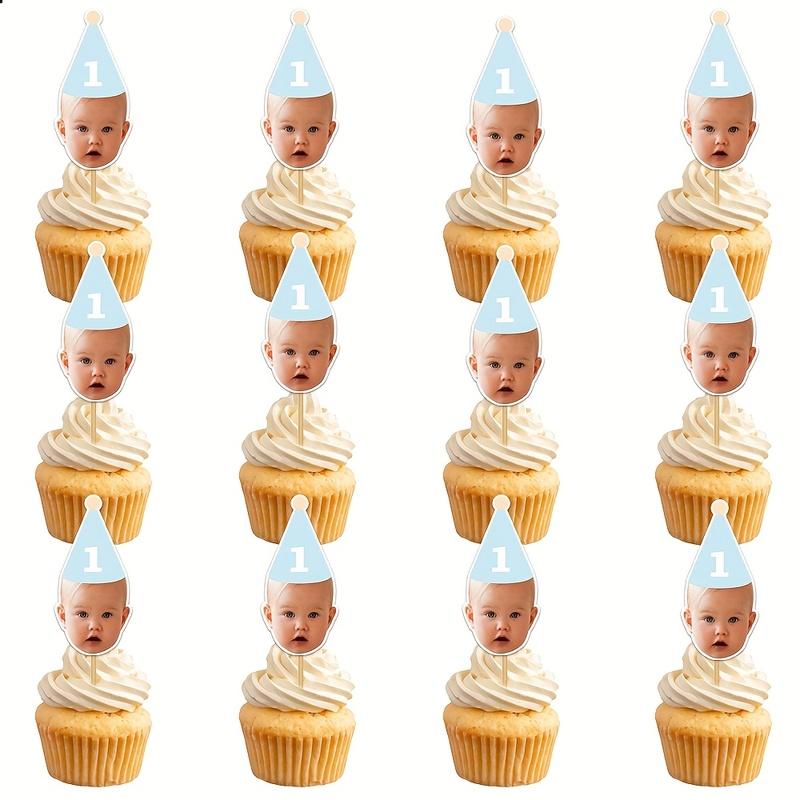 TEMU 12pcs Custom Face Photo Cake Hat Flags, Editable Any Age Number, Cute Cupcake Decor For Baby 1st Birthday And Pet Birthday Party Supplies