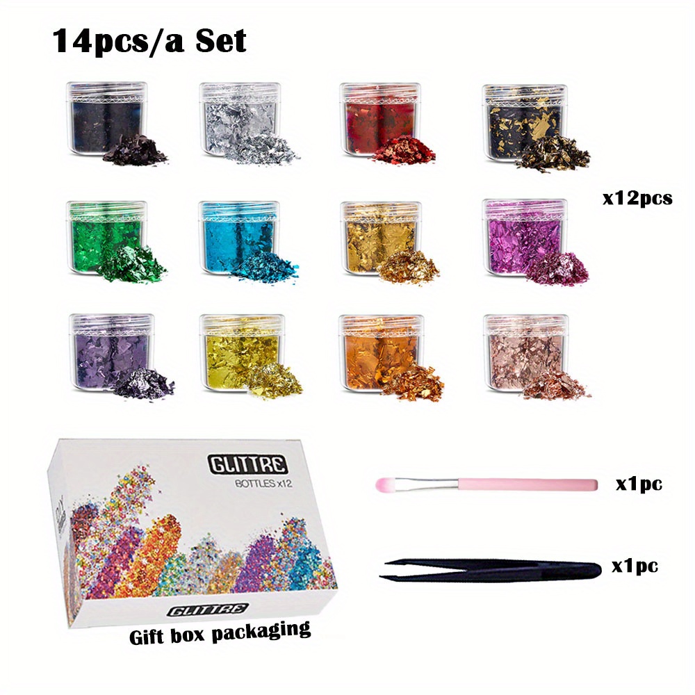 Image of 14pcs Of Colored Metal Foil Gold-plated Sheet Set, 12 Colors, With Tweezers And Brush Set, Used For Painting Art And Resin Crafts, Nail Art, Jewelry Making, Candle Making, Party Home Decoration