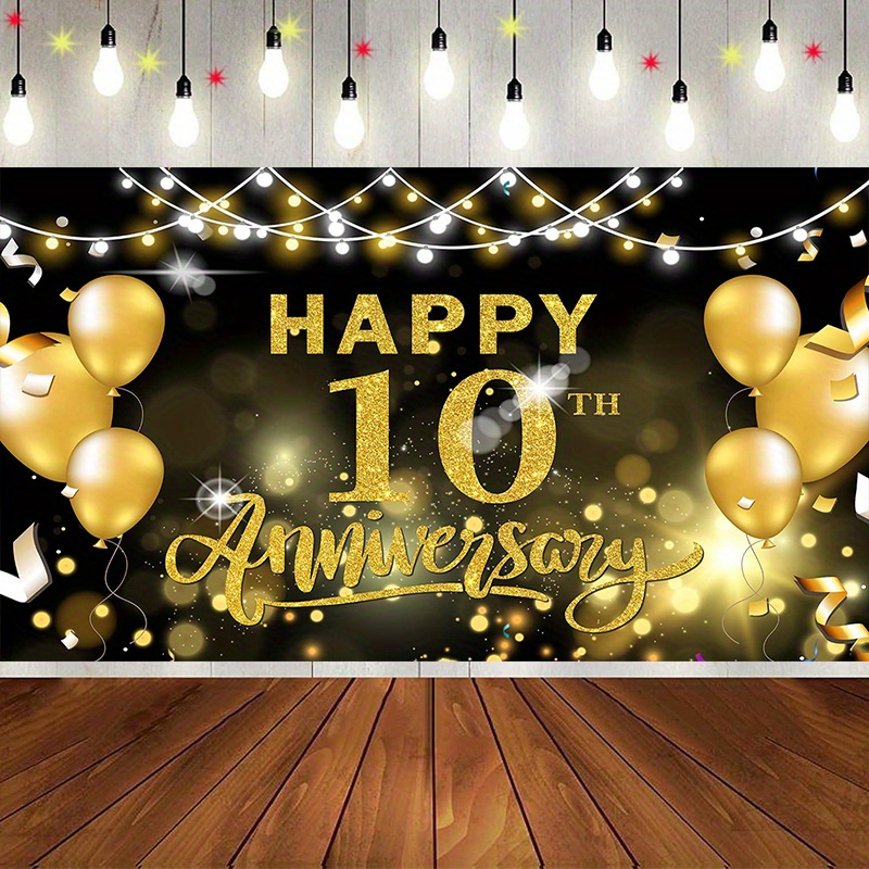 Cheers To 10 Years Banner - Black Glitter Anniversary Decor For 10th Birthday, Wedding Party Decorations