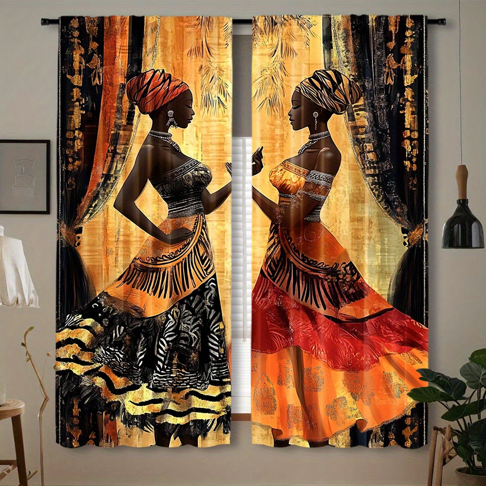 TEMU Rideaux de fenêtre à passe-tringle 2 pièces, impression 2D à plat, motif femmes africaines, décoratifs en polyester pour chambre, salon et