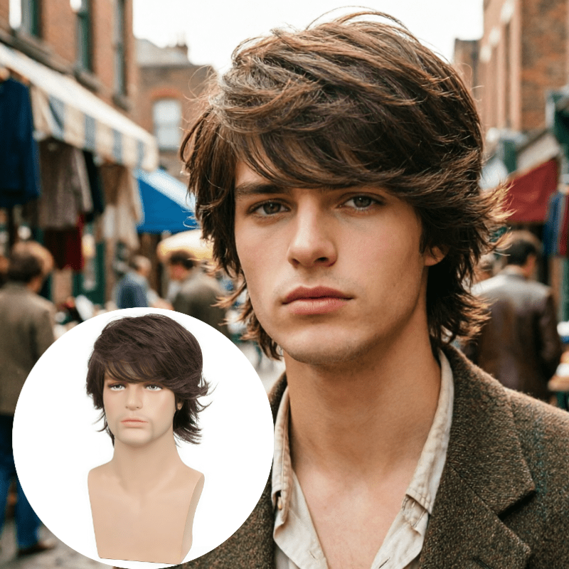 TEMU Aoife Men's Vintage 70s Rock Wig Suitable For 70s Rock Parties, Natural Micro-curly Synthetic Hair With Wolf Tail Cut &, Dark Brown Retro